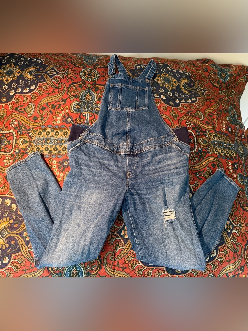 Old Navy Distressed Blue Denim MATERNITY Overalls cute relaxed roomy comfy